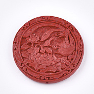 Cinnabar Beads, Carved Lacquerware, Flat Round with Flower and Bird, Red, 51.5x10mm, Hole: 2mm(X-CARL-T001-04)