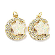Brass Micro Pave Clear Cubic Zirconia Pendants, with Synthetic Opal and Jump Rings, Real 18K Gold Plated, Moon with Star Charms, White, 21x16.5x3mm, Hole: 3mm(KK-L213-046G)