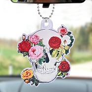 Skull with Flower Acrylic Pendant Decoration, for Car Rear View Mirror Hanging Ornament, 320mm, Pendant: 80x68x4mm(RJEW-E007-03P-08)