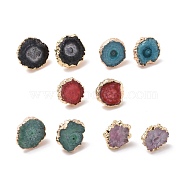 Natural Dyed Quartz Stud Earrings, with Brass Findings, Flat Round, Golden, Mixed Color, 14~22x14~22x5~6mm, Pin: 0.7mm(EJEW-P166-B)