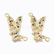 Brass Micro Pave Cubic Zirconia Links Connectors, Nickel Free, Real 16K Gold Plated, Butterfly, Colorful, 12.5x23x3mm, Hole: 1.2mm(ZIRC-N039-121B-NF)