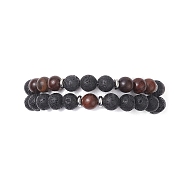 2Pcs 2 Style Natural Wood & Lava Rock Round Beaded Stretch Bracelets Set for Women, Coconut Brown, Inner Diameter: 2-1/4 inch(5.7cm), 1Pc/style(BJEW-JB09381-02)