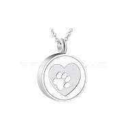 Stainless Steel Flat Round with Paw Print Urn Ashes Pendant Necklace, Memorial Jewelry for Women, Stainless Steel Color, Pendant: 20mm In Diameter(BOTT-PW0005-18C)