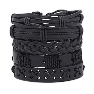 5Pcs 5 Style Adjustable Braided Imitation Leather Cord Bracelet Set with Waxed Cord for Men, Black, Inner Diameter: 2-1/8~3-1/4 inch(5.3~8.1cm), 1Pc/style(BJEW-F458-14)