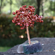 Natural Red Jasper Chips Tree Decorations, Ntural Fluorite Base with Copper Wire Feng Shui Energy Stone Gift for Home Office Desktop Decoration, 80x120mm(PW-WG91683-09)