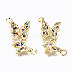 Brass Micro Pave Cubic Zirconia Links Connectors, Nickel Free, Real 16K Gold Plated, Butterfly, Colorful, 12.5x23x3mm, Hole: 1.2mm(ZIRC-N039-121B-NF)
