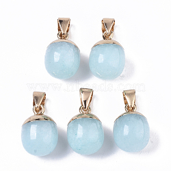 Top Golden Plated Natural White Jade Pendants, with Iron Snap on Bails & Loop, Barrel, Dyed, Cyan, 17~19x11.5~12.5mm, Hole: 4x6mm(G-T131-03P)