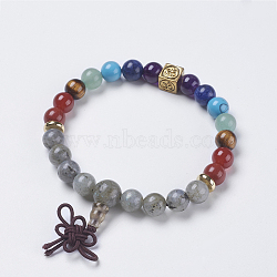 Chakra Jewelry, Natural Labradorite and Mixed Stone Buddha Stretch Bracelets, with Brass Findings, Cube with Om Symbol, 2-1/4 inches(58mm), Pendant: 40x10mm(BJEW-K200-01-03AG)