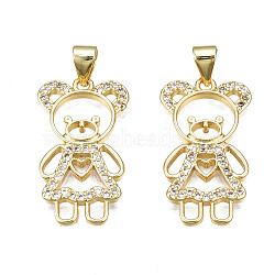 Brass Micro Pave Clear Cubic Zirconia Pendants, Nickel Free, Bear, Real 18K Gold Plated, 23.5x13x2mm, Hole: 3x5mm(ZIRC-N039-184-NF)