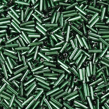 Silver Lined Glass Bugle Beads, Round Hole, Green, 6~7x1.5~2mm, Hole: 0.5mm, about 12500pcs/bag
