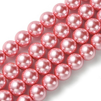 Eco-Friendly Glass Pearl Bead Strands, Round, Dyed, Cotton Cord Threaded, Pearl Pink, 12mm, Hole: 1.2~1.5mm, about 34pcs/strand, 15.7 inch