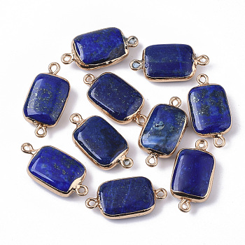 Edge Golden Plated Natural Lapis Lazuli Links connectors, with Golden Tone Iron Loops, Rectangle, 26~27x13.5x6~7mm, Hole: 1.6~1.8mm