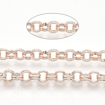 Iron Rolo Chains, Double Link Chains, Unwelded, with Spool, Rose Gold, Link: 5x0.8mm, about 82.02 Feet(25m)/roll
