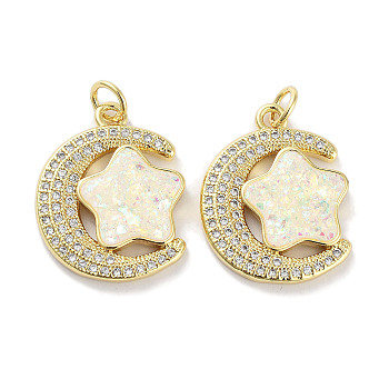 Brass Micro Pave Clear Cubic Zirconia Pendants, with Synthetic Opal and Jump Rings, Real 18K Gold Plated, Moon with Star Charms, White, 21x16.5x3mm, Hole: 3mm