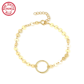 925 Sterling Silver Ring Link Bracelets, Real 18K Gold Plated, 6-1/4 inch(16cm)