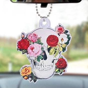 Skull with Flower Acrylic Pendant Decoration, for Car Rear View Mirror Hanging Ornament, 320mm, Pendant: 80x68x4mm