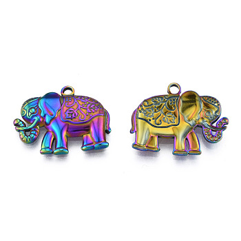 Ion Plating(IP) 201 Stainless Steel Pendants, Elephant, Rainbow Color, 19.5x25.5x3mm, Hole: 1.8mm
