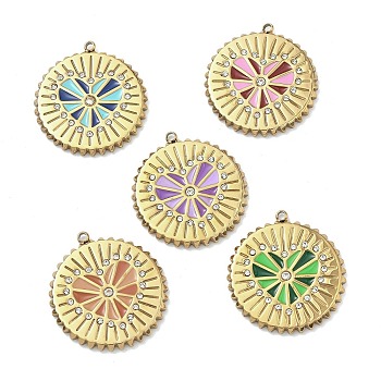 304 Stainless Steel Enamel Pendants, Flat Round & Heart Charms, with Rhinestone, Golden, Mixed Color, 25x23x2.5mm, Hole: 1.2mm