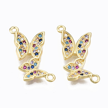 Brass Micro Pave Cubic Zirconia Links Connectors, Nickel Free, Real 16K Gold Plated, Butterfly, Colorful, 12.5x23x3mm, Hole: 1.2mm