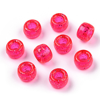 Transparent Plastic Beads, with Glitter Powder, Barrel, Camellia, 9x6mm, Hole: 3.8mm, about 1900pcs/500g