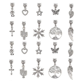 50Pcs 10 Styles Tibetan Style Alloy European Dangle Charms, Large Hole Pendant, Butterfly & Wing & Heart, Mixed Shapes, Antique Silver, 22~38mm, Hole: 4.6mm, 5pcs/style