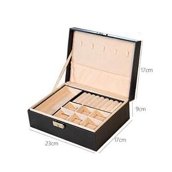 2-Tier Rectangle PU Leather Jewelry Organizer Boxes, Portable Travel Jewelry Case, for Earrings, Necklaces, Rings, Black, 23x17x9cm