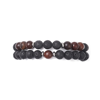 2Pcs 2 Style Natural Wood & Lava Rock Round Beaded Stretch Bracelets Set for Women, Coconut Brown, Inner Diameter: 2-1/4 inch(5.7cm), 1Pc/style