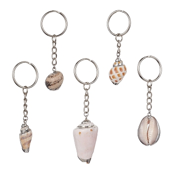Natural Sea Shell Keychain, with Iron Split Key Rings, Shell/Conch, Platinum, 7.2~10.1cm