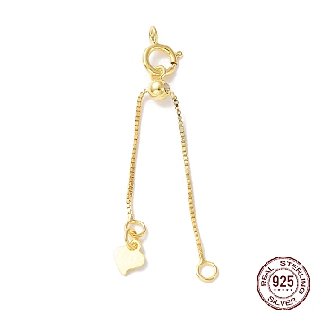 925 Sterling Silver Ends with Chains, Spring Clasps, Slide Bead and Heart Charms, Real 18K Gold Plated, 39mm, Hole: 1.8mm