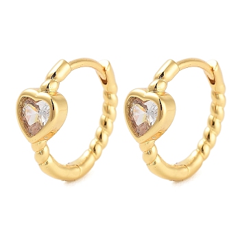 Rack Plating Brass Hoop Earrings, with Cubic Zirconia, Cadmium Free & Lead Free, Long-Lasting Plated, Heart, Real 18K Gold Plated, 12.5x13.5x5mm