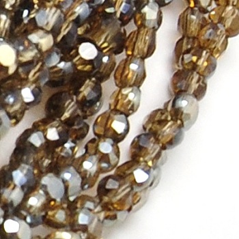 Electroplate Glass Beads Strands, Half Plated, Faceted, Flat Round, Coffee, 4x3mm, Hole: 1mm, about 95pcs/strand, 14 inch