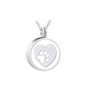 Stainless Steel Flat Round with Paw Print Urn Ashes Pendant Necklace, Memorial Jewelry for Women, Stainless Steel Color, Pendant: 20mm In Diameter