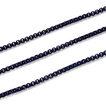 Spray Painted Brass Box Chains, Venetian Chains, with Spool, Unwelded, Dark Blue, 2x2.5x2.5mm