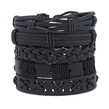 5Pcs 5 Style Adjustable Braided Imitation Leather Cord Bracelet Set with Waxed Cord for Men, Black, Inner Diameter: 2-1/8~3-1/4 inch(5.3~8.1cm), 1Pc/style
