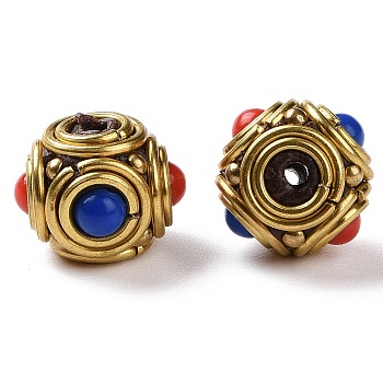 Handmade Indonesia Beads, with Brass Findings and Resin, Antique Golden, Round, Medium Blue, 13.5x10.5mm, Hole: 1.5mm