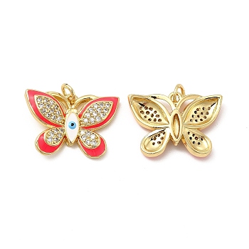 Brass Micro Pave Cubic Zirconia Pendants, with Enamel Evil Eye & Jump Ring, Butterfly Charm, Red, 15.5x21.5x3.5mm, Hole: 3.3mm