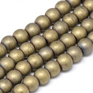 Electroplate Non-magnetic Synthetic Hematite Beads Strands, Matte Style, Round, Light Gold Plated, 6x5.5mm, Hole: 2mm, about 75pcs/strand, 15.7 inch(G-Q486-87F)
