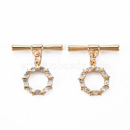 Brass Micro Pave Clear Cubic Zirconia Toggle Clasps, Nickel Free, Ring, Real 18K Gold Plated, 24mm, Ring: 16x13x2mm, Bar: 22x6x2.5mm, Jump Ring: 5x0.7mm, 3.6mm inner diameter(KK-S356-500G-NF)