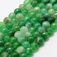 Faceted Natural Striped Agate/Banded Agate Beads Strands, Round, Dyed & Heated, Green, 4mm, Hole: 0.8mm, about 86pcs/strand, 14 inch(35.6cm)(G-F447-4mm-H02)