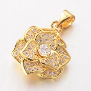 Flower Brass Micro Pave Cubic Zirconia Charms, Lead Free & Nickel Free, Golden, 18x15x7mm, Hole: 3x4mm(ZIRC-I014-32G-FF)