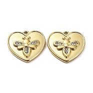 Ion Plating(IP) 304 Stainless Steel Charms, with Crystal Rhinestone, Heart with Bee Charm, Real 18K Gold Plated, 14x15x2.5mm, Hole: 1mm(STAS-Q254-17G)