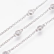 Handmade Brass Cubic Zirconia Chains, Soldered, Long-Lasting Plated, Real Platinum Plated, 8x4x2mm(CHC-P0005-04P)