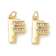 Rack Plating Eco-friendly Brass Micro Pave Clear Cubic Zirconia Charms, Long-Lasting Plated, Real 18K Gold Plated, Cadmium Free & Nickel Free & Lead Free, Letter.F, 15x8.5x3mm, Hole: 3.5mm(KK-D072-01G-F-NR)