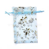 Organza Drawstring Jewelry Pouches, Wedding Party Gift Bags, Rectangle with Gold Stamping Flower Pattern, Light Sky Blue, 15x10x0.11cm(OP-I001-A01)