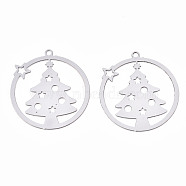 Christmas 201 Stainless Steel Filigree Pendants, Etched Metal Embellishments, Ring with Christmas Trees, Stainless Steel Color, 22x20x0.3mm, Hole: 1.2mm(STAS-S118-003P)
