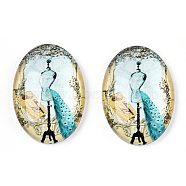 Glass Cabochons, with European Style Pattern, Oval, Dark Turquoise, 25x18x6mm(GGLA-T004-01-B)