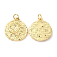 Brass Micro Pave Cubic Zirconia Pendants, with Jump Ring, Lead Free & Cadmium Free, Flat Round with Moon & Star, Real 18K Gold Plated, 19x18x2.5mm, Hole: 3mm(KK-M246-28G)