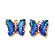 Brass with Glass Pendants, Butterfly, Blue, 10x12x4mm, Hole: 1.2mm(FIND-Z020-02D)