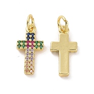 Brass Micro Pave Cubic Zirconia Pendants, with Jump Ring, Real 18K Gold Plated, Cross Charms, Colorful, 16x8x2mm, Jump Ring: 5x0.8mm, Inner Diameter: 3.2mm(KK-E068-VF124)