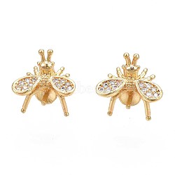 Brass Micro Pave Cubic Zirconia Stud Earring Findings, with 925 Sterling Silver Pins, for Half Drilled Bead, Nickel Free, Mosquito Shape, Real 18K Gold Plated, Clear, 11x11mm, Pin: 0.8mm, Pin: 0.8mm(for half drilled beads)(X-KK-N233-044-01)
